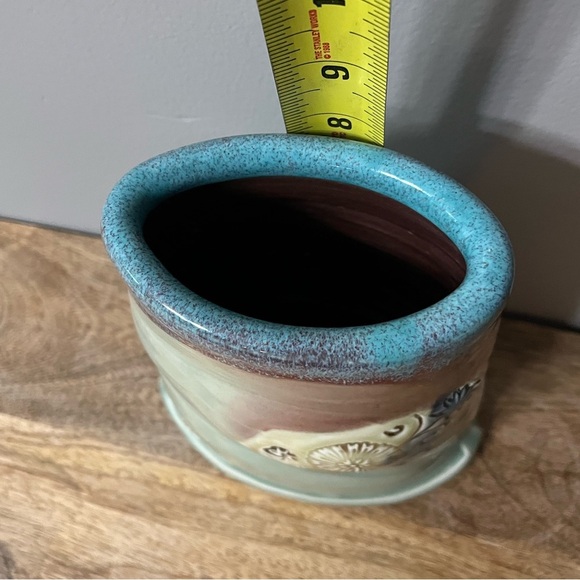 Pottery Vase CS Artisan Stamped Blue/Green/Brown 3D Floral accents. 8” H - Picture 5 of 11